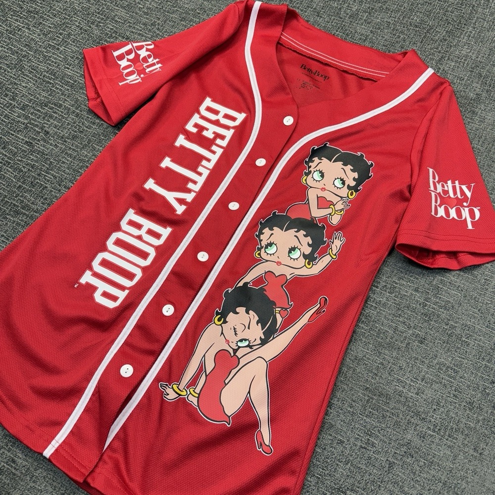 Betty Boop Shirt Womens Large Red Baseball Jersey Button Front Graphic Cartoon